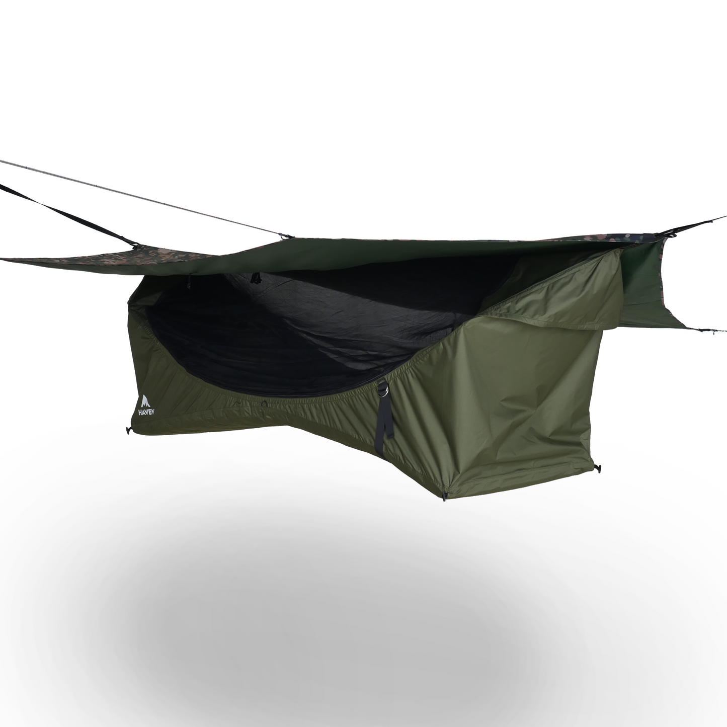 Forest green camping hammock kit with camouflage rainfly