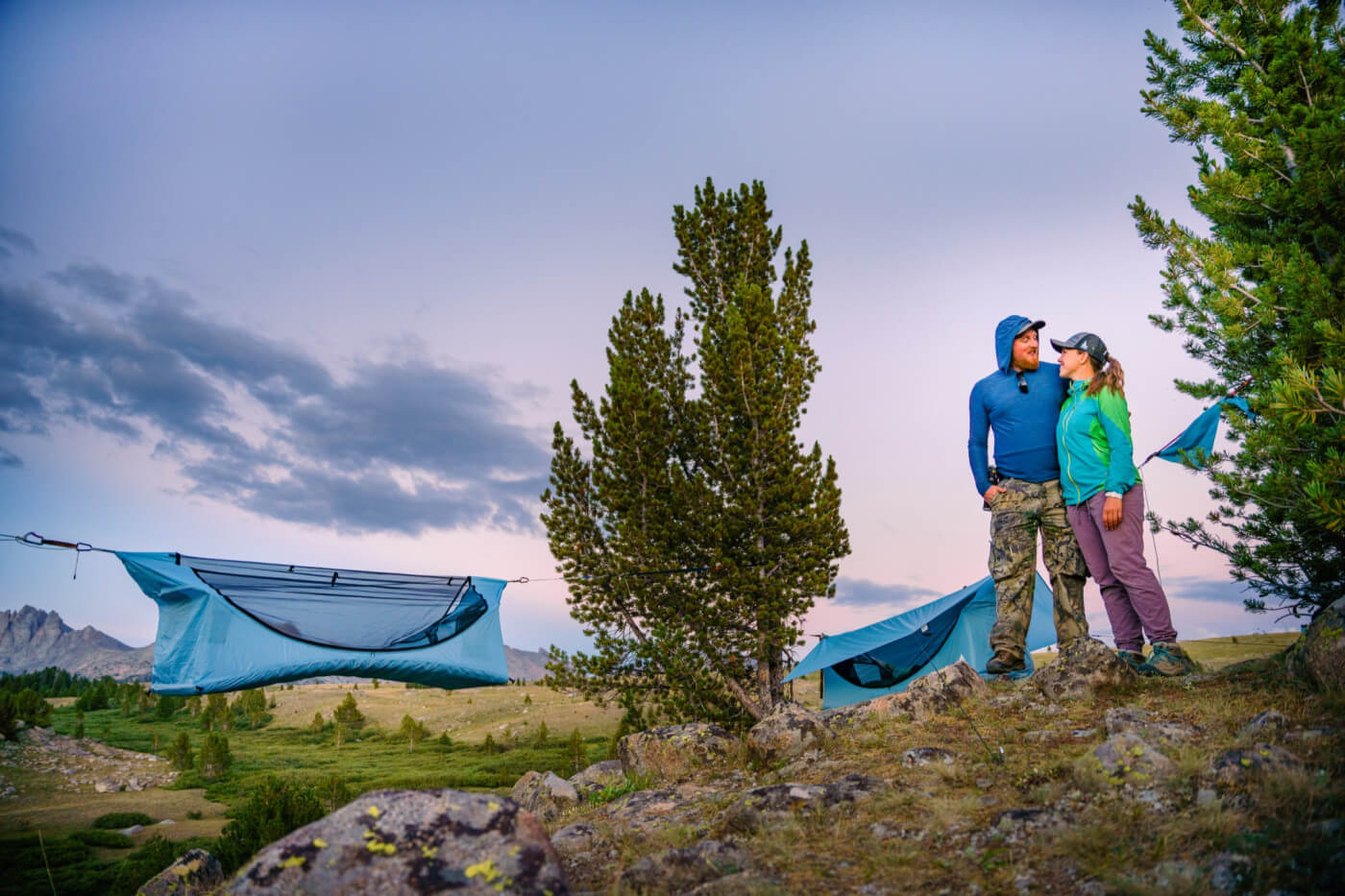 Couple hammock tent camping in the Wind River Mountains