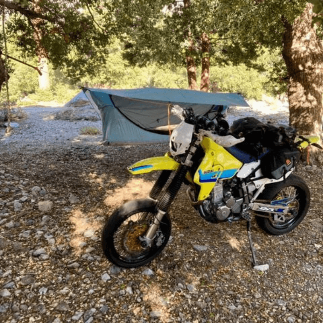 DRZ400 supermoto with camping hammock
