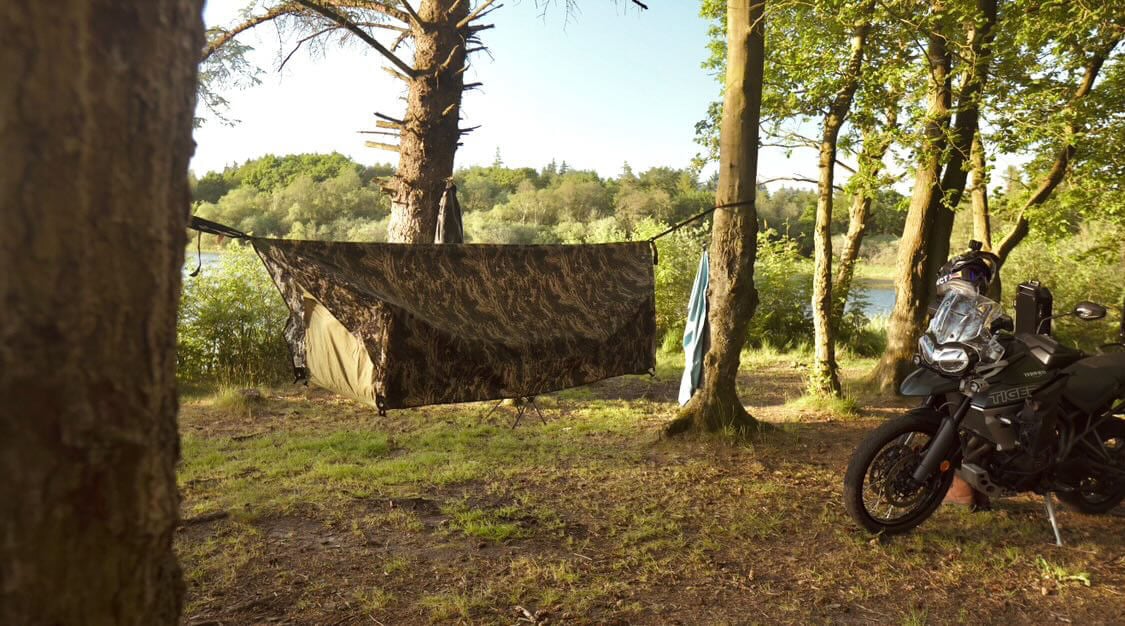 Motorcycle camp with Haven Tent hammock in Europe