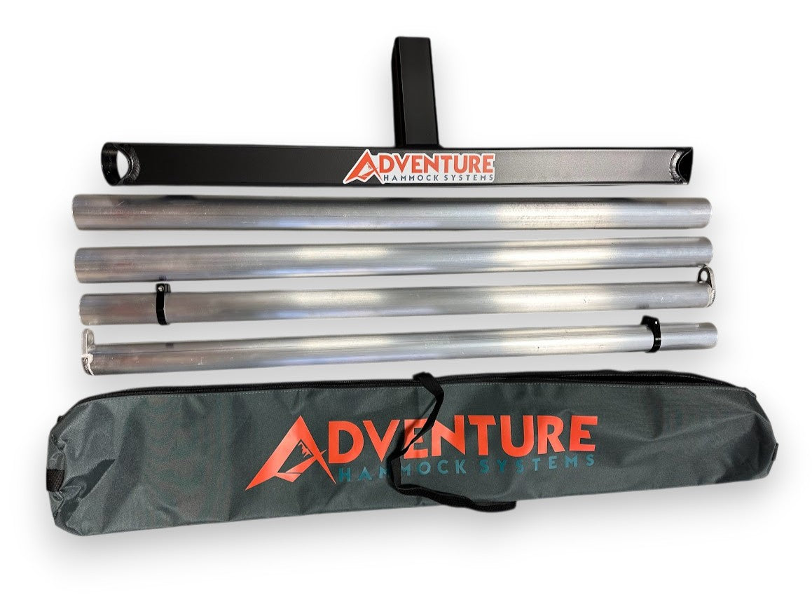 Set of metal rods with carrying case on a white background, featuring 'Adventure' branding.