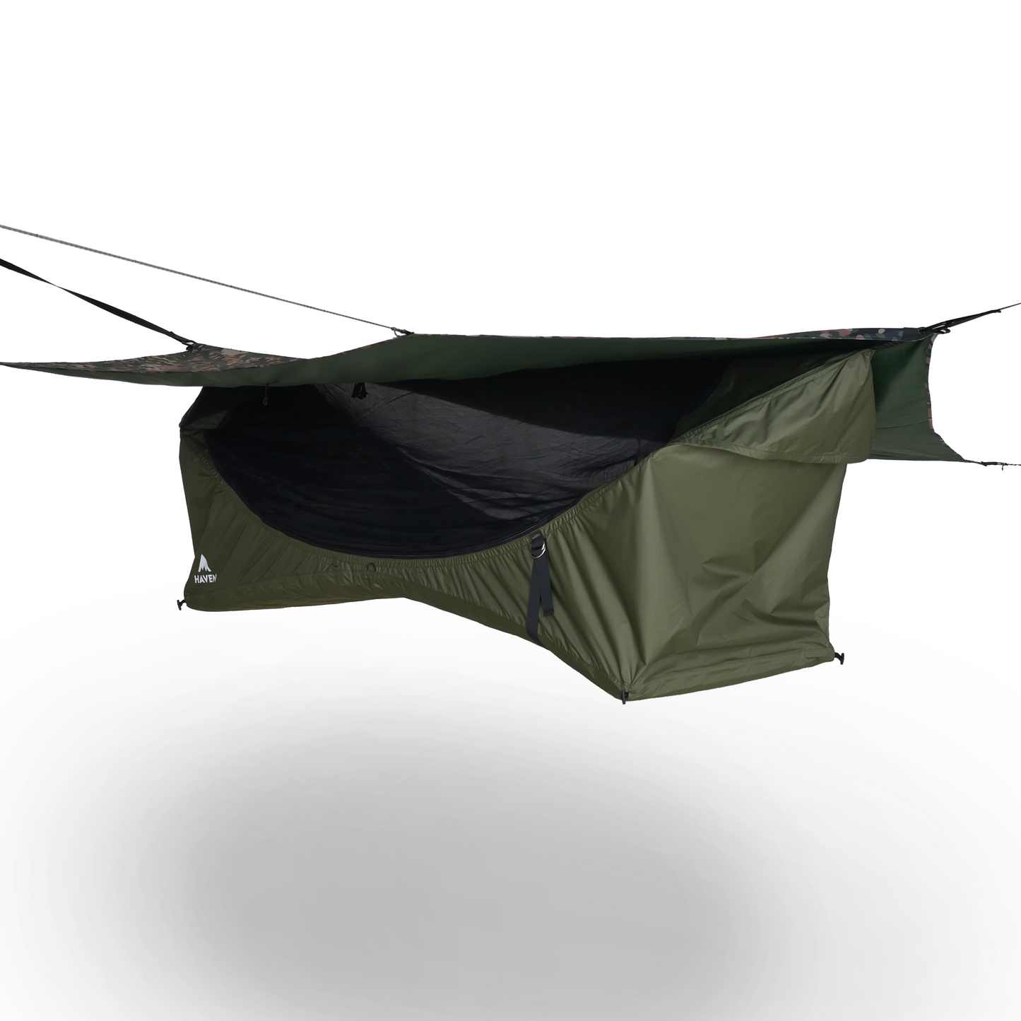 Forest green camping hammock kit with camouflage rainfly 
