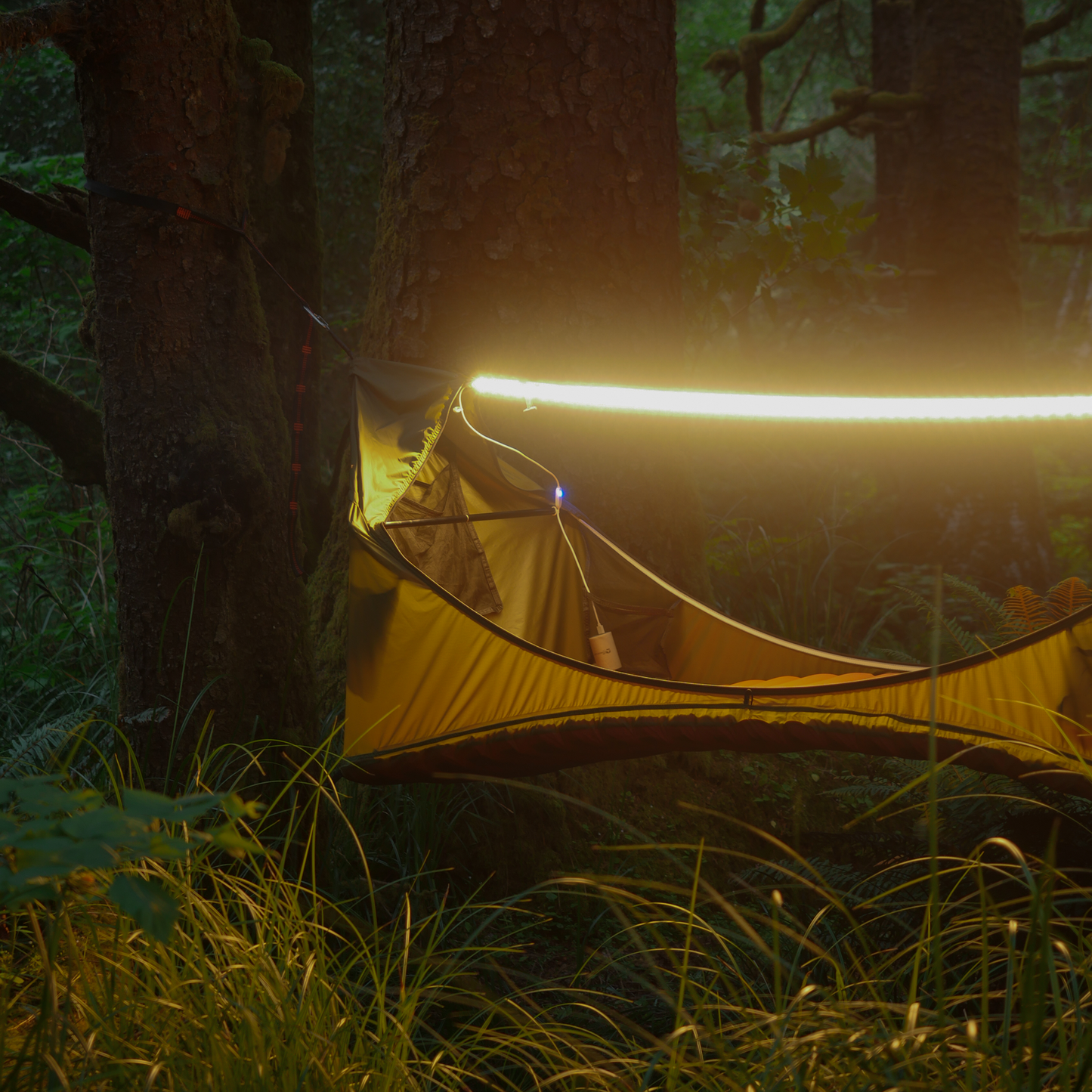 Orange hammock tent with portable LED light string hanging in the woods. Haven Light