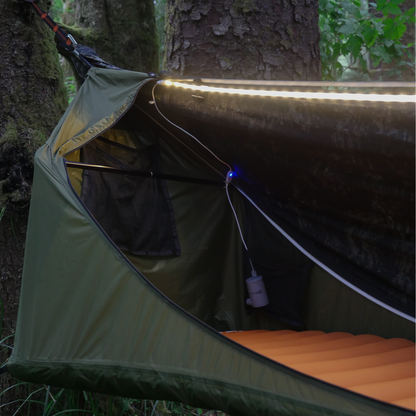 Close up of hammock tent light and its charging cord