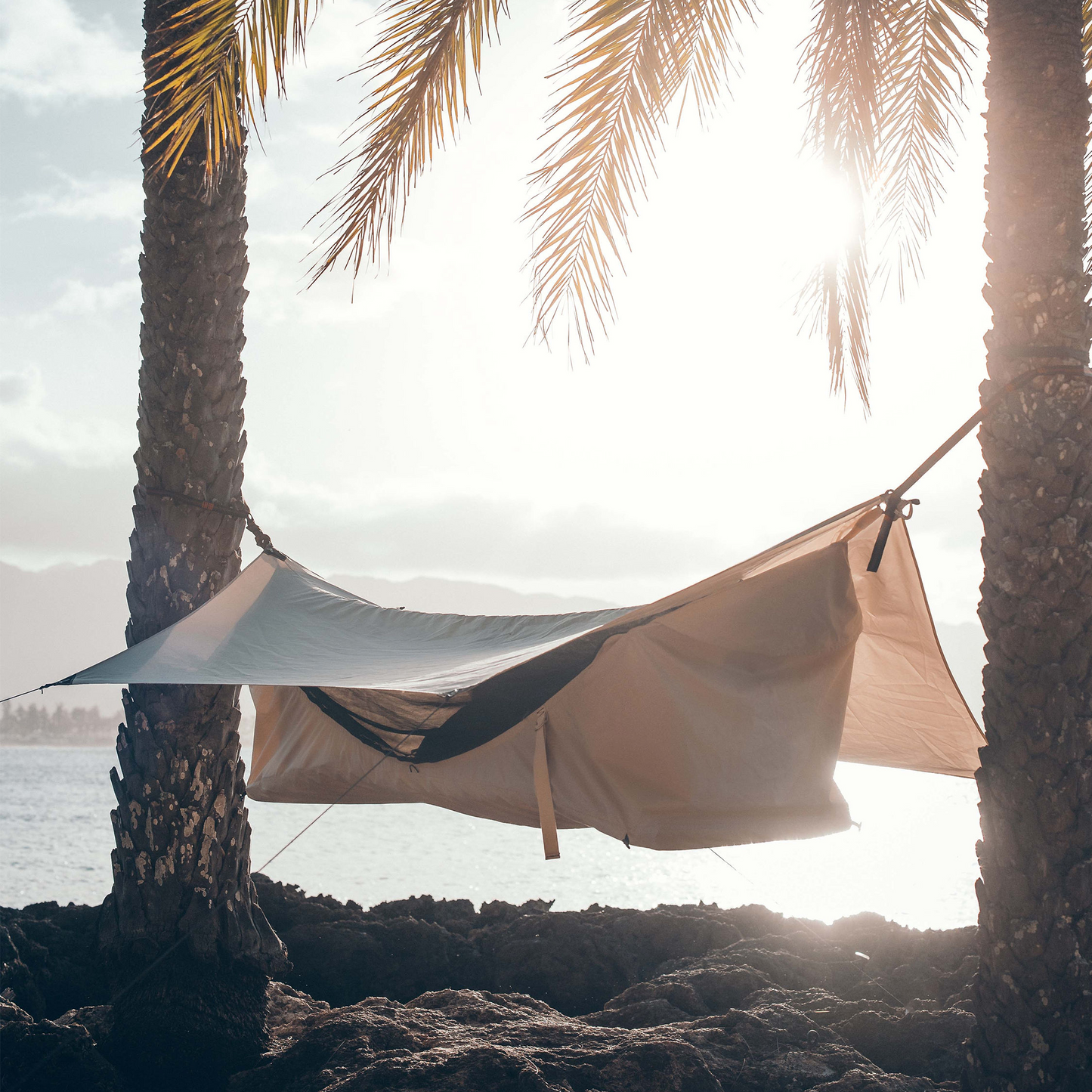 Glamping hammock on the beach between palm trees