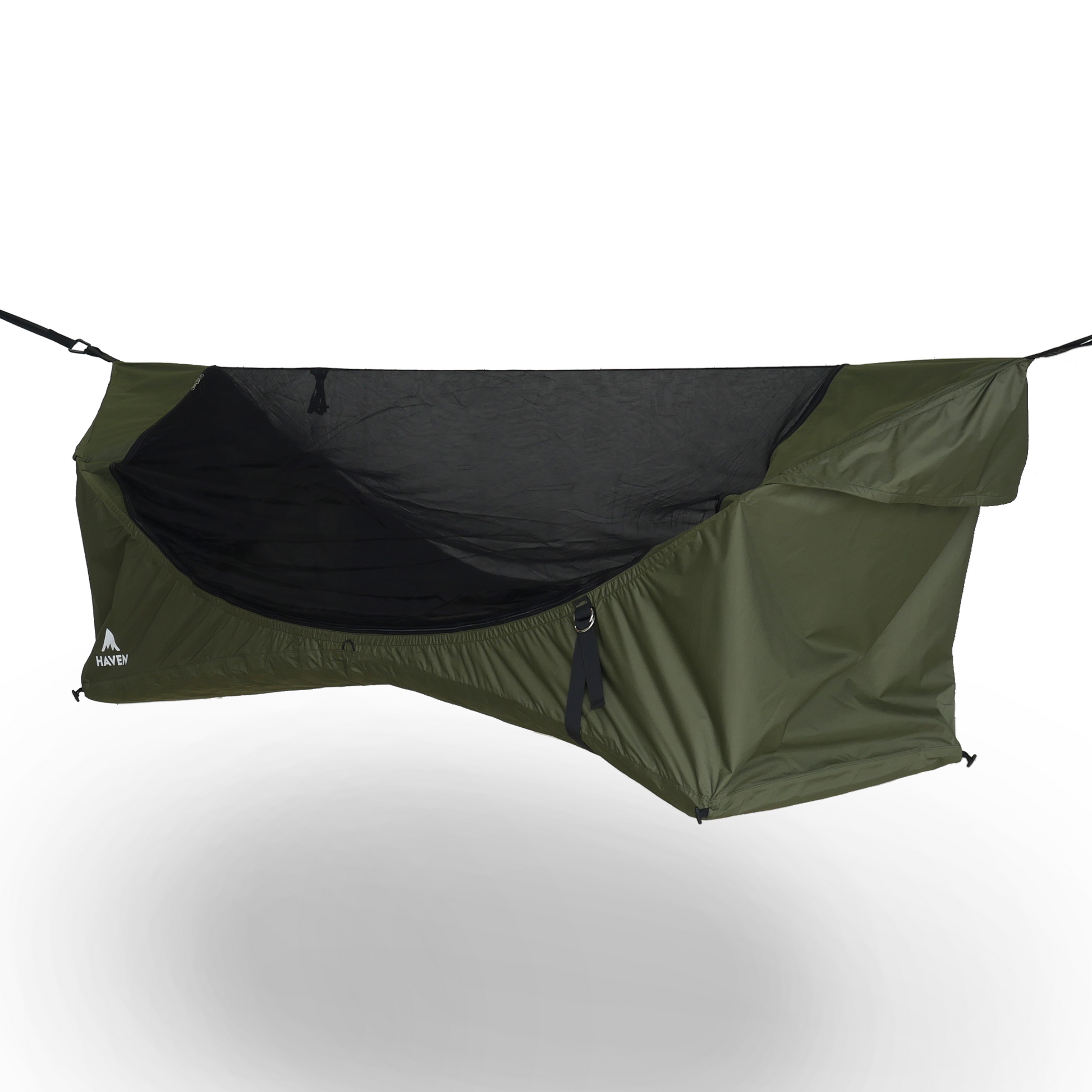 Green camping hammock kit with a bug net