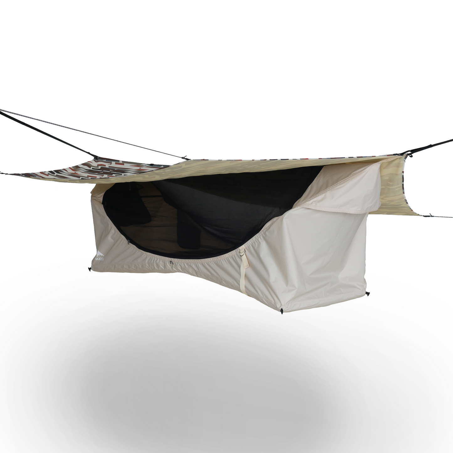 Camping hammock with rainfly on a white background