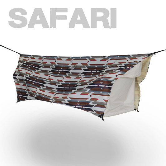 Portable camping hammock with boho pattern and white background