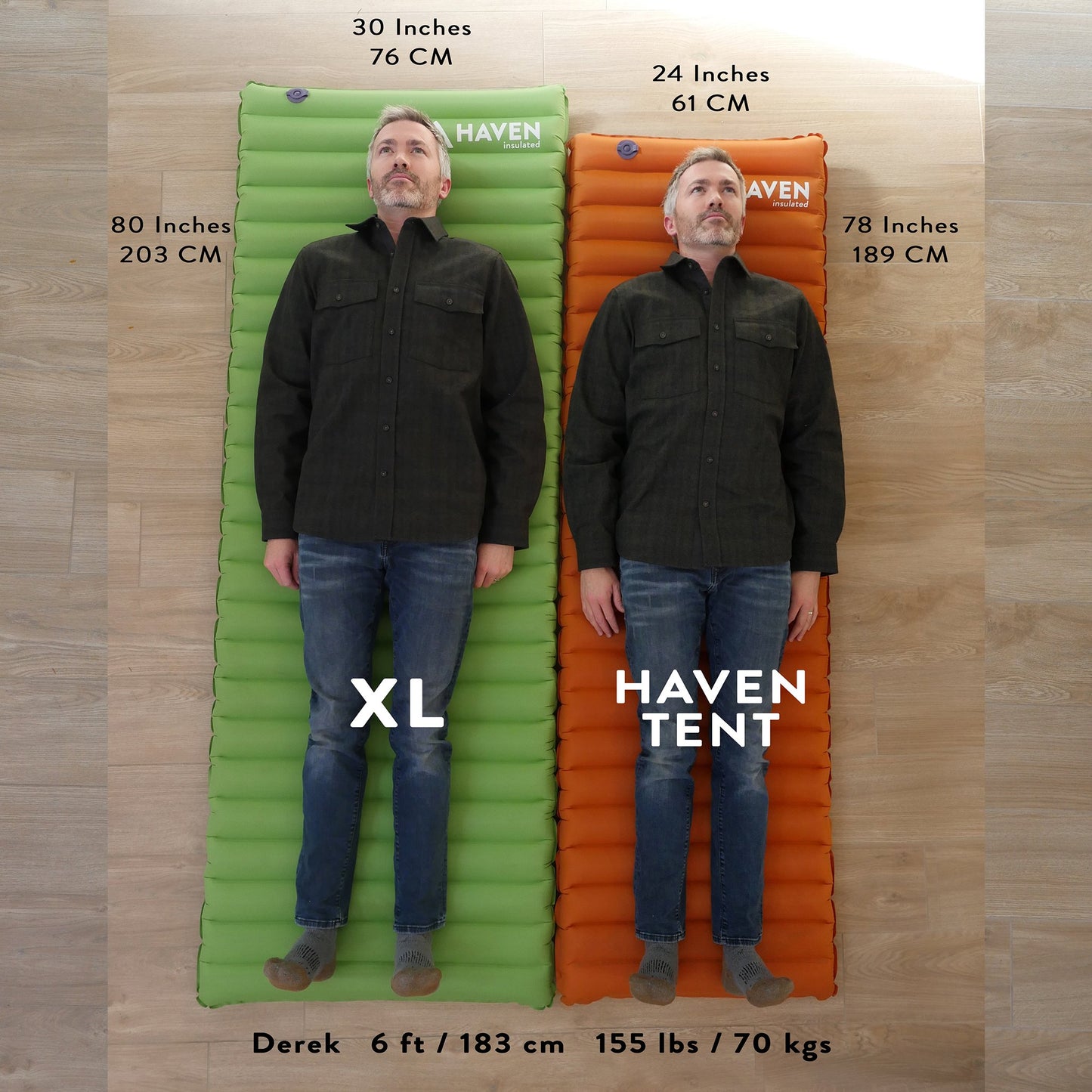 Showing the size difference between an XL sleeping pad and a regular sleeping pad