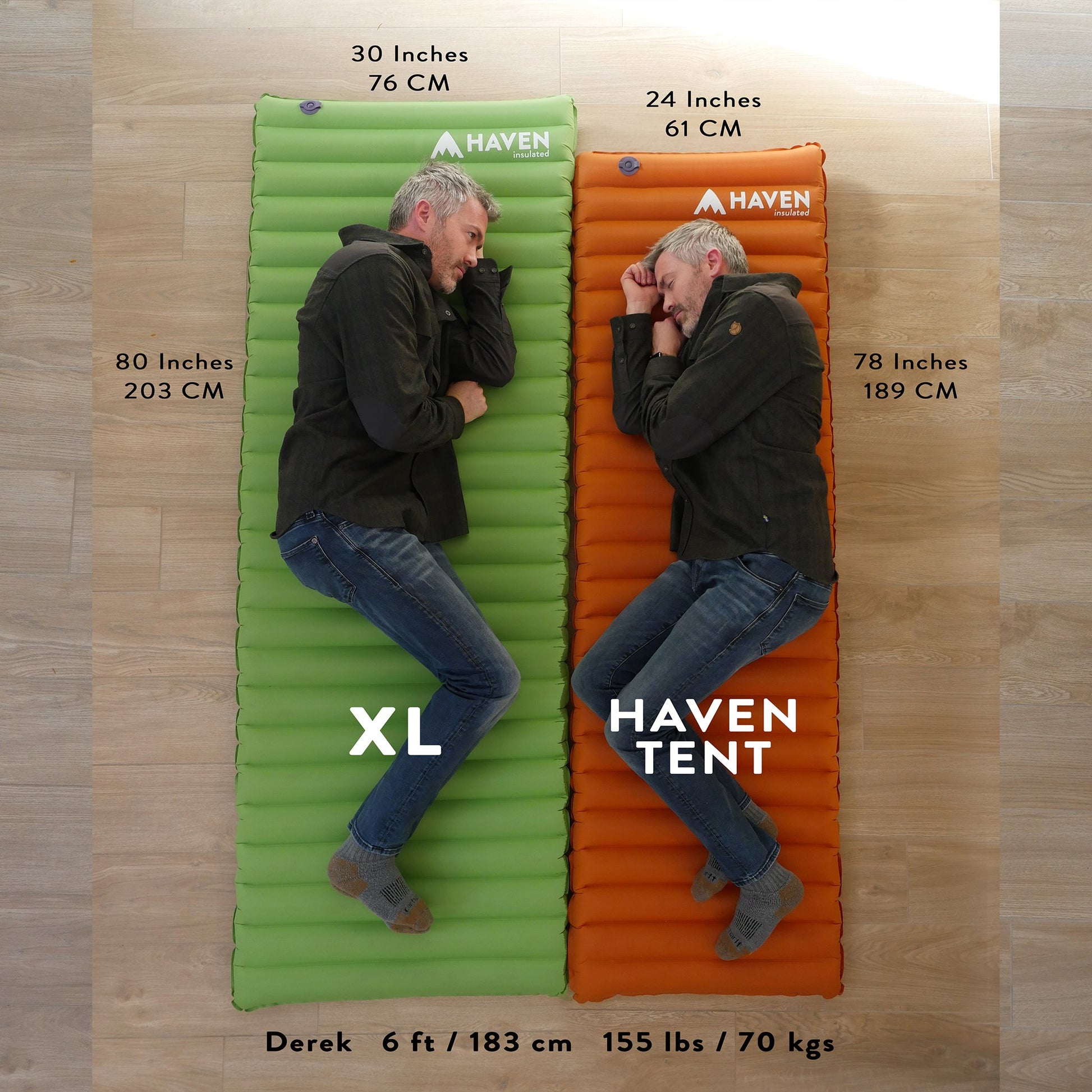 Comparison image of side sleepers on an XL camping sleeping pad and a regular camping sleeping pad